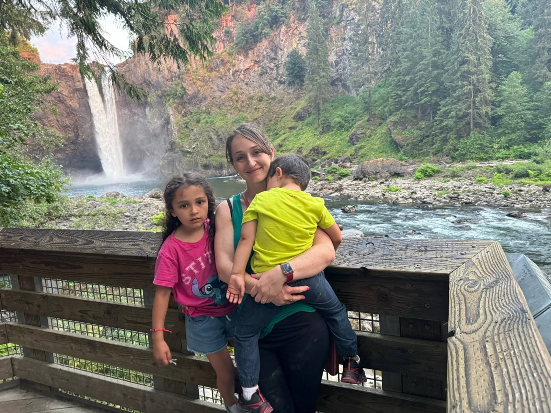 Jody with her two kids at Snoqualmie Falls